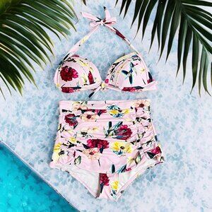 Unique Vintage Two Piece Floral Swimwear Matching Set Halter Top Hi-Rise Bottom